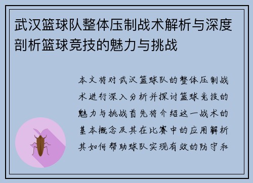 武汉篮球队整体压制战术解析与深度剖析篮球竞技的魅力与挑战